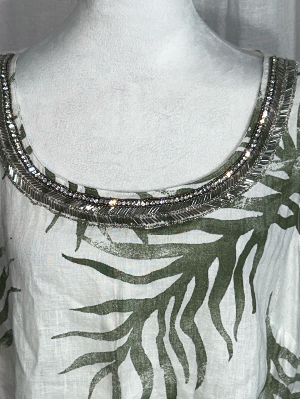 Charter Club White Tank Top with Olive Green Leaf Print and Beaded Neckline